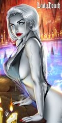 2024 coffin_comics death_(personification) erect_nipples huge_breasts lady_death looking_at_viewer nipples wet_body wet_skin white_body white_hair white_skin