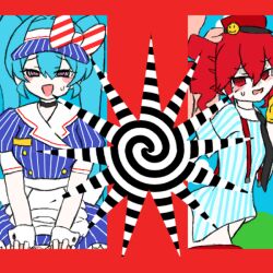 blue_eyes blue_hair hatsune_miku implied_sex kasane_teto looking_at_viewer mesmerizer_(vocaloid) mesmerizer_miku mesmerizer_teto mv_character rabbit_hole_(vocaloid) red_eyes red_hair vocaloid wolfrum