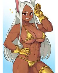 abs big_ass big_breasts bunny_girl dashi_art gold_stockings golden_bikini golden_gloves miruko mommy my_hero_academia rumi_usagiyama silver_hair smiling strong tan_body