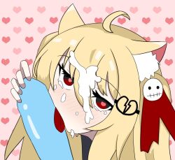 blonde_hair blue_penis cat_ears cum_on_face evil_neuro heart-shaped_pupils heart_background indie_virtual_youtuber licking_penis lightspeed looking_at_viewer penis red_eyes virtual_youtuber vtuber vtubers