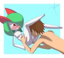 anal anal_fingering blush breasts chestnut_hair duo female fingering generation_3_pokemon genitals green_hair hair heart_pupils hi_res human humanoid kirlia kirlia_furtive male male/female mammal nintendo not_furry nude oral pokemon pokemon_(species) white_body