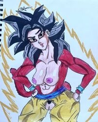 1girls biceps big_breasts black_hair breasts dragon_ball dragon_ball_gt female female_only female_saiyan hands_on_hips huge_breasts kurrin_(artist) leaning_forward looking_at_viewer nipples pants red_fur rule_63 saiyan solo son_goku super_saiyan_4 tail thick_thighs topless wide_hips yellow_eyes