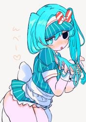 1female 1girl 1girls arms_up ass big_bow blue_eyes blue_hair blue_hat blue_outfit blush blush_lines bottomless bow bow_ribbon bow_tie bowtie female female_focus female_only hat hatsune_miku heart long_hair looking_at_viewer mesmerizer_(vocaloid) mesmerizer_miku multicolored_eyes mv_character no_panties red_and_white_bow semi_nude side_view solo solo_female solo_focus thighs tongue tongue_out twintails vocaloid wristwear