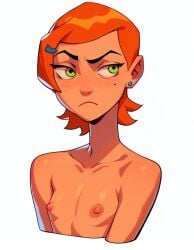 1girls ai_generated ben_10 blush cartoon_network cartoony flat_chest green_eyes gwen_tennyson hoeyuga naked nipples orange_hair short_hair simple_background white_background