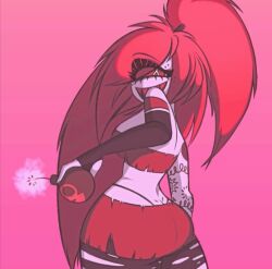 big_ass black_panties cherri_bomb_(hazbin_hotel) cyclops cycoriot demon_girl explosives fluffy_hair hand_on_hip hazbin_hotel holding_object looking_at_viewer looking_back one_eye panties_visible_through_clothing pink_hair ripped_leggings tattoos thick_thighs vivziepop