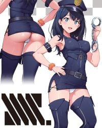 :d alternate_costume armband ass belt black_dress black_footwear black_hair blue_eyes blush boots breasts cleft_of_venus commentary_request cuffs dress female gridman_universe hand_on_own_hip handcuffs hat highres holding holding_handcuffs long_hair looking_at_viewer medium_breasts multiple_views nanikairu open_mouth panties partial_commentary police police_hat police_uniform policewoman revision scrunchie simple_background smile ssss.gridman standing takarada_rikka thigh_boots underwear uniform white_background white_panties wrist_scrunchie