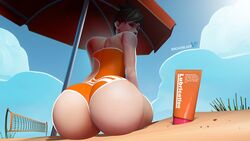 1girls 3d absurdres alternate_ass_size ass beach_umbrella big_ass breadblack bubble_butt dat_ass female female_only highres huge_ass large_ass lifeguard_tracer looking_at_viewer looking_back lube lube_bottle overwatch pawg solo solo_female swimsuit tracer