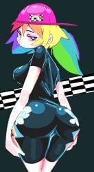 ass backwards_baseball_cap bodysuit bubble_butt equestria_girls hat long_ponytail my_little_pony one-piece_swimsuit ponytail rainbow_dash_(eg) rainbow_dash_(mlp) swimsuit tied_hair wide_hips yev-san