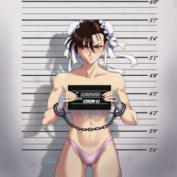 1girls 92penpen abs arrest arrested athletic athletic_female bandage bandaged_wrist blush blushing blushing_at_viewer breasts_covered chained_wrists chains chun-li covering_breasts embarrassed_nude_female female female_focus female_only fit_female glaring_at_viewer highres human mugshot panties panties_only pink_panties restrained solo street_fighter topless topless_female