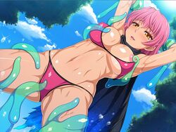 areolae armpits arms_up bikini bikini_top blush breasts cape erect_nipples female game_cg highres hormone_koijirou large_breasts legs monster mound_of_venus navel nipple_tweak nipples outdoors parted_lips pink_hair pokies rankou!!_yarimakuri_online restrained short_hair sky solo_focus standing sweat tan tanline tentacle thighs thong yellow_eyes