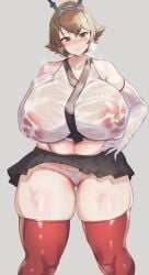 bikkii breasts cameltoe elbow_gloves female_only gloves hand_on_own_chest hand_on_own_hip heavy_breathing kantai_collection large_breasts massive_breasts miniskirt mutsu_(kantai_collection) plump red_thighhighs see-through see-through_shirt shirt skindentation skirt steam thighhighs thong wet wet_clothes white_gloves