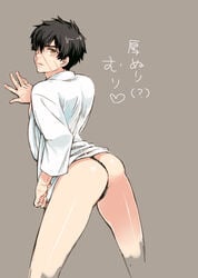 1boy against_wall ass black_hair blush doudanuki_masakuni looking_at_viewer male_only scar touken_ranbu underwear undressing