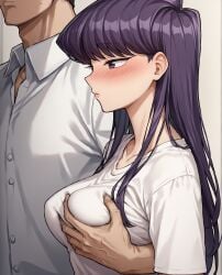 1boy 1girls ai_generated blush blushing blushing_female breasts cheating cheating_girlfriend face_out_of_frame faceless_male female from_side groping groping_breast groping_breasts imminent_sex komi-san_wa_komyushou_desu komi_shouko long_hair male netorare notreallyhere ntr parted_lips perky_breasts profile purple_eyes purple_hair school_uniform skindentation swept_bangs tagme upper_body white_top