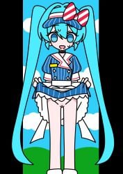 1girls accurate_art_style blue_eyes blue_hair hairless_pussy hatsune_miku leg_warmers lifting_dress looking_at_viewer mesmerizer_(vocaloid) mv_character official_style pinstripe_dress presenting_pussy pussy skirt_lift stunned sweat sweatdrops twintails visor_cap