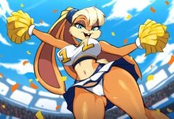 ai_generated cameltoe cheerleader cheerleader_uniform curvaceous female furry large_breasts lola_bunny looney_tunes mullon novelai panties pom_poms public rabbit rabbit_ears rabbit_girl rabbit_humanoid space_jam stadium stadium_background thick_thighs warner_brothers