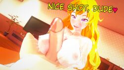 1boy 1girls big_breasts boobjob breasts censored cum cum_leaking erect_penis faceless_male huge_cock long_hair long_hair_female nakadashi_(artist) nude_female nude_male purple_eyes rwby yang_xiao_long