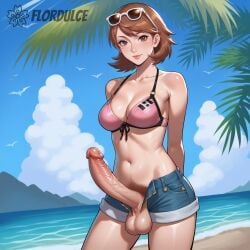 1futa ai_generated ball_hair balls beach bikini_top brown_eyes brown_hair erect_penis erection flordulce futa_only futanari hairy_balls hairy_testicles jean_shorts outdoors penis persona persona_3 pubic_hair short_hair short_shorts shorts solo_futa standing sunglasses sunglasses_on_head testicles water yukari_takeba