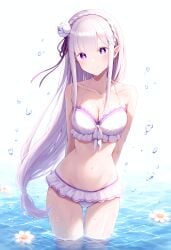 ai_generated bangs bare_shoulders bikini blush braid breasts cleavage closed_mouth collarbone cowboy_shot crown_braid elf emilia_(re:zero) eyebrows_visible_through_hair female flower frilled_bikini frills groin hair_flower hair_ornament hair_ribbon long_hair looking_at_viewer medium_breasts navel pointy_ears purple_eyes purple_ribbon ribbon silver_hair smile solo standing stomach striped swimsuit very_long_hair wading water wet white_bikini white_flower white_rose