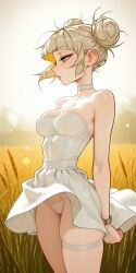 1girls ai_generated blonde_hair blunt_bangs boku_no_hero_academia breasts choker dress_up exposed_panties female hair_bun himiko_toga leg_strap looking_away meadow medium_breasts my_hero_academia off-shoulder_dress outdoors perfect_body profile_view skinny solo standing strapless suggestive sundress wind yellow_eyes
