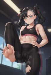 2d ai_generated camel_toe feet footjob gym gym_uniform marnie_(pokemon) nipples_visible_through_clothing pokemon pokemon_ss pokemon_trainer ripped_clothing shiroppo