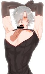 2boy ambush_(trap) armpits arms_behind_back arms_behind_head arms_up artist_request bare_shoulders bishonen blowjob blowjob_face blue_eyes blushing clothing clothing_cutout crossdressing dante dante_(devil_may_cry) dark-skinned_male devil_may_cry devil_may_cry_2 erection fangs gay gay_blowjob gay_male gloves goth hair_over_one_eye homosexual inverted_nipples large_pectorals licking licking_penis licking_tip light-skinned_male long_gloves long_sleeves looking_at_viewer male/male male_focus male_nipples malesub man_boobs manly_crossdresser muscular muscular_male nipples open_mouth pecjob pecs pecs_focus pectorals penis pink_nipples pretty_boy puffy_nipples sleeveless sweat tongue tongue_out twunk upper_body veiny_penis white_hair yaoi