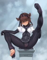 arrax_(wdah8558) barefoot blush bodysuit breasts brown_hair corset feet female_only full_body grin hachimaki hairband hatsuzuki_(kantai_collection) highres kantai_collection leg_up legs looking_at_viewer medium_breasts medium_hair miniskirt neckerchief pleated_skirt puffy_short_sleeves puffy_sleeves pussy sailor_collar short_sleeves sitting skirt smile soles toes torn_bodysuit torn_clothes yellow_eyes