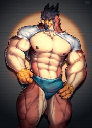 erection_under_clothes furry furry_only hawk looking_at_viewer male_only mixterart muscles muscular muscular_male nipples pecs pectorals pierced_nipples solo solo_focus solo_male thick_thighs underwear