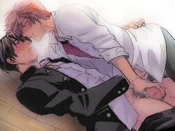 2boys blush gekkan_shoujo_nozaki-kun handjob male_only mikoto_mikoshiba multiple_boys penis school_uniform straddling student yaoi