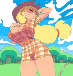 applejack_(eg) applejack_(mlp) big_breasts big_cleavage blush breasts cameltoe cleavage cowboy_hat equestria_girls hat huge_breasts huge_hair huge_hips long_hair my_little_pony raised_arm tied_hair very_long_hair wide_hips yev-san