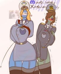 2girls argentina_(countryhumans) avg_szekely brazil_(countryhumans) countryhumans countryhumans_girl embarrassed meme_reference military_uniform miniskirt multiple_girls national_personification nipples_visible_through_clothing tagme thick thighhighs twitter_username voluptuous