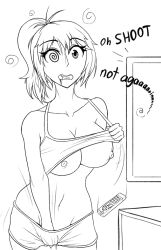 1girls breasts collarbone crystal_(lewd-zko) dialogue drooling erect_nipples female female_only hypnosis large_breasts lewd-zko masturbation midriff mind_control monochrome nipples open_mouth original ponytail remote_control shirt shirt_lift short_shorts shorts simple_background sketch solo spiral spiral_eyes standing symbol-shaped_pupils text undressing white_background zko