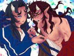 2boys aizetsu blue_eyes blue_sclera demon demon_boy demon_horns demon_humanoid demon_slayer dominant dominant_male domination hantengu horny horny_male japanese japanese_clothes japanese_clothing japanese_male kimetsu_no_yaiba long_bangs long_hair long_hair_male male male_focus male_only male_penetrating muscles muscular muscular_male nipple nipple_pinch nipple_play nipple_tweak nipples pinching_nipple pinching_nipples pointy_ears qmaro_onisun_(artist) red_eyes red_sclera sad_expression sekido sharp_teeth submissive submissive_male tan-skinned_male tan_skin tied_up upper_moon yaoi