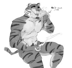 anthro clothing ear_piercing ejaculation felid hi_res jockstrap male mammal masturbation nipple_piercing nipples pantherine piercing sitting sniffing sniffing_clothes solo tail tiger tigrugo tongue tongue_out underwear underwear_sniffing