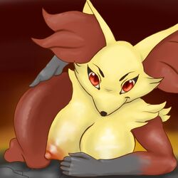 anthro big_breasts breasts canine delphox female fox fur hi_res inner_ear_fluff mammal nintendo nipples nukenugget pokemon red_eyes smile solo video_games