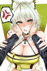 1boy 1girls animal_ears arknights blush blush blush_lines blushing_at_viewer cat_ears catgirl cleavage cleavage_cutout cleavage_overflow cupping_cheek doctor_(arknights) female female_focus green_eyes holding holding_face iindoagorira kal'tsit_(arknights) large_breasts light-skinned_female light_green_hair light_skin looking_at_viewer oripathy_lesion_(arknights) short_hair tagme unamused