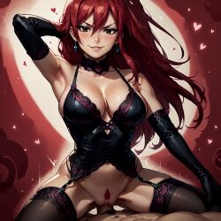 abstract_background ai_generated cleavage dominatrix erza_scarlet fairy_tail hand_behind_own_head large_breasts latex lingerie long_gloves looking_at_viewer love payop pony_diffusion_xl ponytail pouty_lips smile smug stockings vaginal_sex