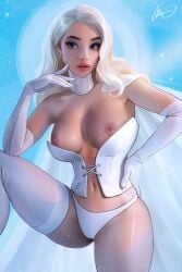 blonde_female blonde_hair blonde_hair_female blue_eyes breasts breasts_out comic comic_cover corset digital_drawing_(artwork) digital_media_(artwork) emma_frost female female_only hellfire_club large_breasts mad_goblin magazine magazine_cover marvel marvel_comics mironishin panties platinum_blonde_hair thick thick_thighs white_queen wide_hips x-men