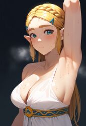 ai_generated arm_up armpits blush emotionless looking_at_viewer nintendo no_bra_under_clothes offering_to_viewer pov_eye_contact princess_zelda su_whore_(artist) sweating sweaty sweaty_armpits the_legend_of_zelda white_dress zelda_(breath_of_the_wild)