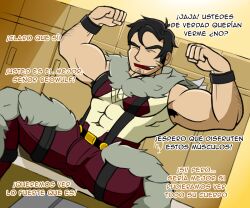 armpit_hair bara beowulf_(skullgirls) bulge clothing makidotsukashi male male_only manly mature_male muscular_male skullgirls spanish_text text tight_clothing