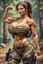 abs ai_generated bicep_curl biceps breast_squish brown_eyes brown_hair gun guns huge_breasts in_the_woods large_ass large_breasts large_thighs military military_uniform muscular_female ponytail red_brown_hair self_upload smug smug_face sweat tactical_gear tanned thick thick_ass thick_thighs tight_clothing traumai veins