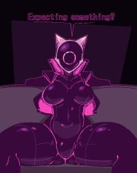 1girls 2024 alternate_version_available bodysuit breasts clothed clothing female female_only fully_clothed humanoid latex original_character purple_body purple_clothing robot robot_girl sitting spread_legs welwraith