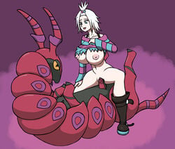 1boy 1girls animal_genitalia areola assertive blue_eyes boots bosomancer bottomless breasts breasts_out centipede cowgirl_position female female_on_top girl_on_top huge_breasts large_breasts male nipples on_top open_mouth penetration penis pokemon pokemon_(game) pokemon_bw2 pokephilia purple_background pussy pussy_juice red_skin ride riding roxie_(pokemon) scolipede sex shirt_lift spread_legs straight striped_shirt topknot vaginal_penetration white_hair white_skin yellow_eyes zoophilia