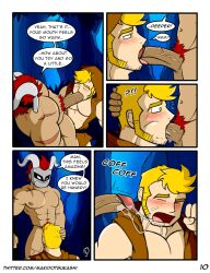 balls bara big_balls big_bulge big_penis blonde_hair blowjob blush bulge comic english_text erection fellatio fellatio_domination gay gay_blowjob makidotsukashi male male/male male_nipples male_only mask masked masked_male muscular_male nipples oral oral_sex penis precum precum_drip red_hair text