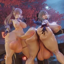 2futas 3d anus big_breasts breasts_bigger_than_head duo full-package_futanari futa_on_futa futa_only futanari ganyu_(genshin_impact) gigantic_ass glove grabbing_own_ass holdingnuts horns huge_balls huge_breasts huge_cock hung_bottom hung_futanari imminent_sex keqing_(genshin_impact) lactation looking_back night nude penis_on_ass pussy standing thick_thighs twintails