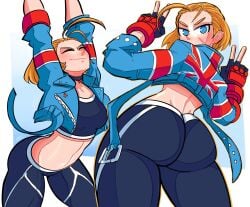 arms_up ass back blonde_hair blue_eyes blue_jacket cammy_stretch cammy_stretch_(meme) cammy_white choker closed_eyes closed_mouth commentary crop_top double_v english_commentary female fingerless_gloves gloves gradient_background hair_pulled_back highres jacket looking_at_viewer looking_back loose_hair_strand meme midriff multiple_views open_clothes open_jacket scar scar_on_cheek scar_on_face short_hair sonchapo stomach street_fighter street_fighter_6 stretching union_jack v