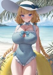 absurdres bare_shoulders blonde_hair blue_eyes blush breasts cleavage female highres huge_breasts lina_(michihasu) long_hair looking_at_viewer michihasu original solo swimsuit thighs