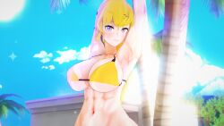 1girls 3d abs armpits arms_up big_breasts bikini bikini_top blonde_female blonde_hair busty cleavage large_breasts navel ponytail pose posing purple_eyes robotic_arm rwby sensual sexy_armpits smile stormstriker stretching yang_xiao_long