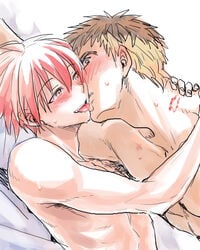 2boys akabane_karma assassination_classroom blush kissing licking male_only multicolored_hair multiple_boys nude red_hair straddling sweat terasaka_ryouma yaoi