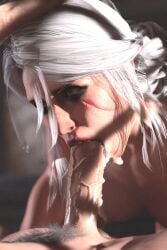 blowjob ciri cum cum_in_mouth fellatio female godwin green_eyes head_grab light-skinned_female light-skinned_male male penis scar sucking_penis the_witcher_(series) the_witcher_3:_wild_hunt white_hair