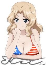 american_flag american_flag_bikini american_flag_print bikini blonde_hair blue_eyes blush breasts bukkuri character_name cleavage closed_mouth commentary_request female flag_print girls_und_panzer head_rest kay_(girls_und_panzer) large_breasts long_hair looking_at_viewer medium_hair print_bikini simple_background smile solo swimsuit wavy_hair white_background